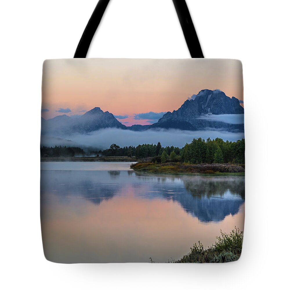 Oxbow Bend Tote Bag featuring the photograph Oxbow Bend Sunrise- Grand Tetons Version 2 by John Greco