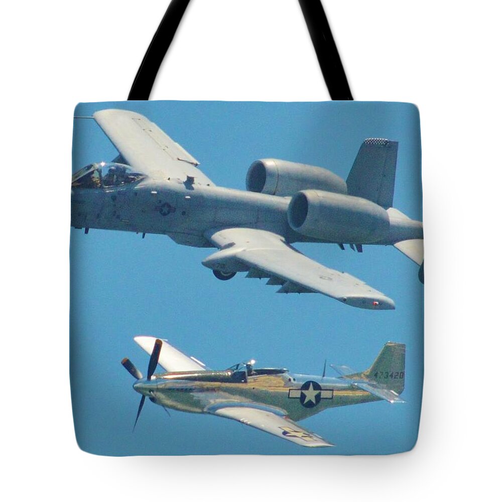 Plane Tote Bag featuring the photograph P 51D Mustang and A10 Warthog Tank Killer flying over the Atlantic Ocean off the Coast of Ocean City by Billy Beck