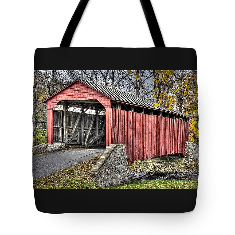 Poole Forge Covered Bridge Tote Bag featuring the photograph PA Country Roads - Poole Forge Covered Bridge Over Conestoga Creek No. 3B-Alt - Lancaster by Michael Mazaika