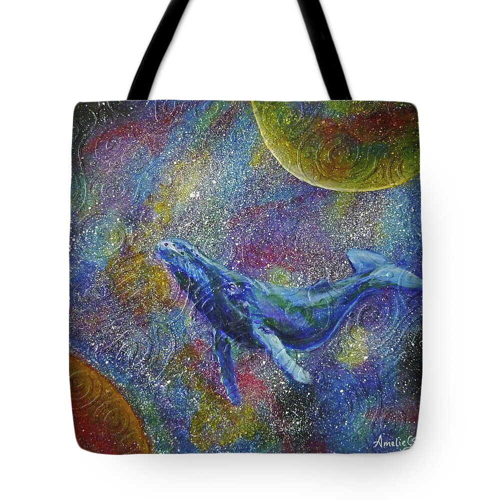 Whale In Space Tote Bag featuring the painting Pacific Whale in Space by Amelie Simmons