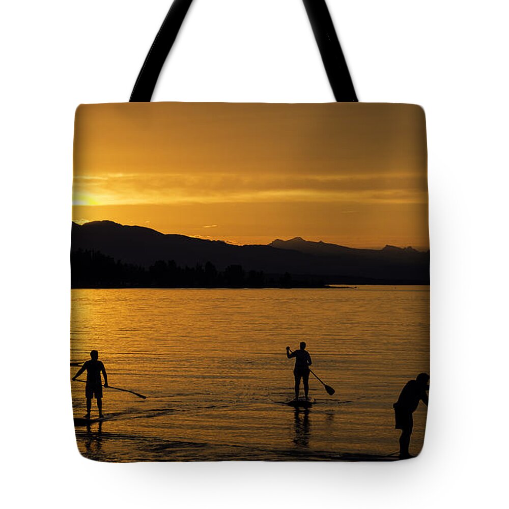 Sunset Tote Bag featuring the photograph Paddle Boarders Delight 2 by Wayne Enslow