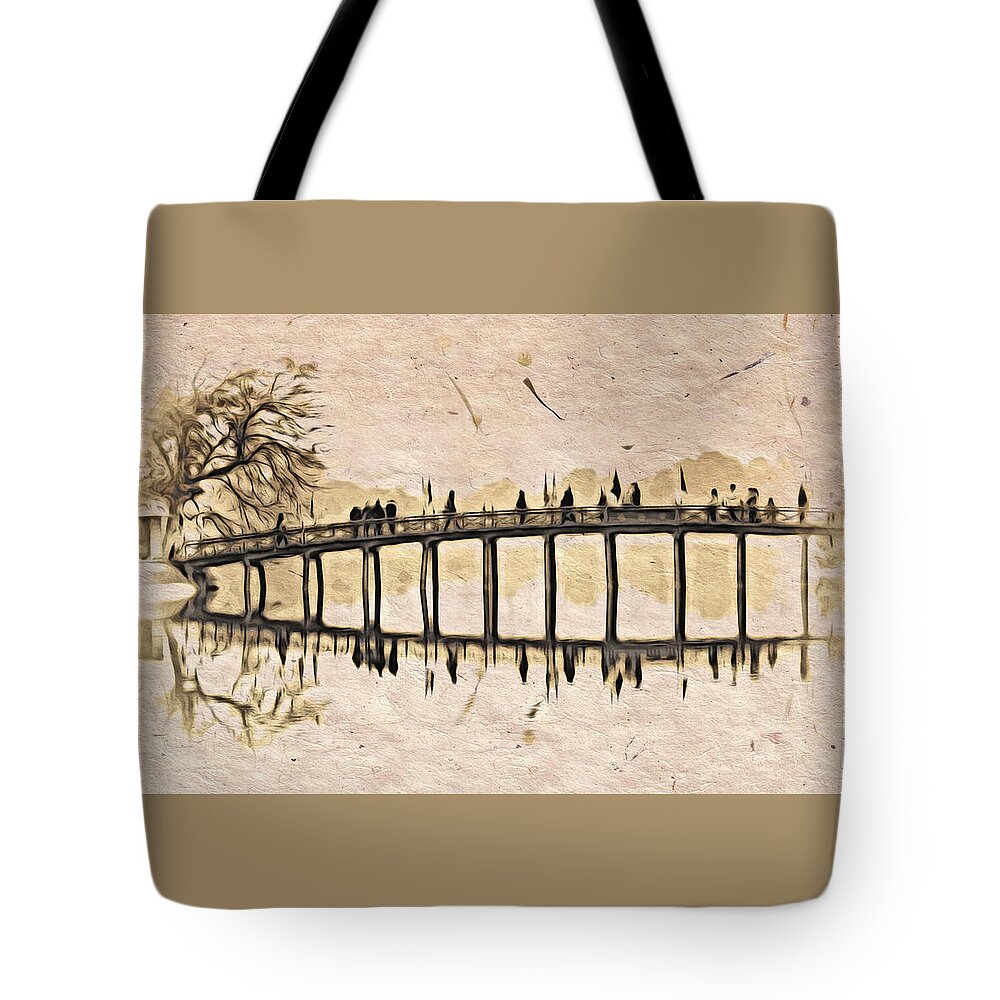 Asia Tote Bag featuring the digital art Pagoda Bridge by Cameron Wood
