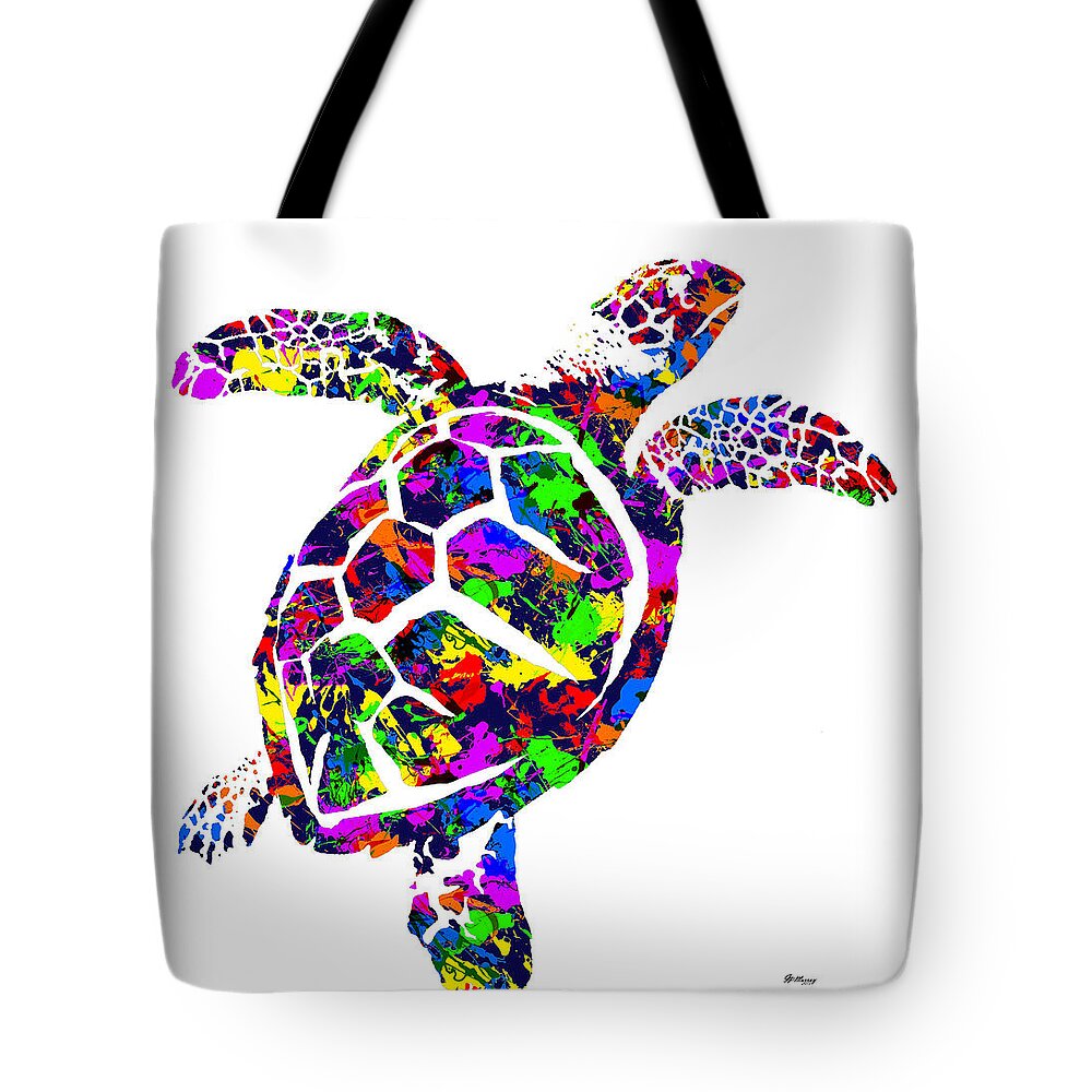 Sea Turtle Tote Bag featuring the digital art Paint Splatter Sea Turtle by Gregory Murray