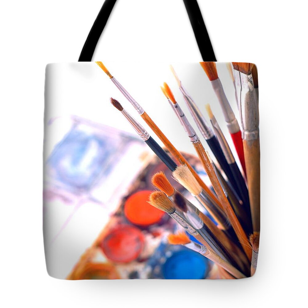 Artistic Tote Bag featuring the photograph Paintbox And Brushes by Dariusz Gudowicz