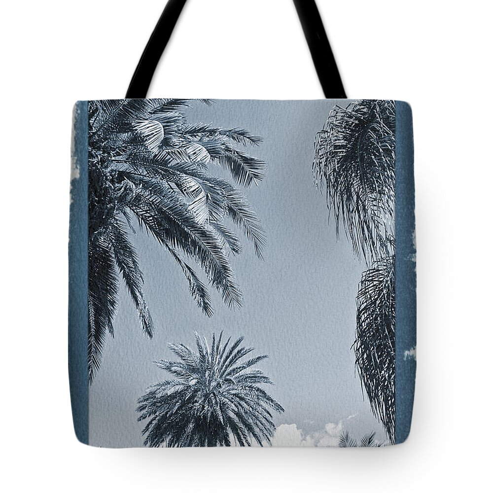 Palm Tote Bag featuring the photograph Painted Cyanotype Palms in the Sky by Aimee L Maher ALM GALLERY