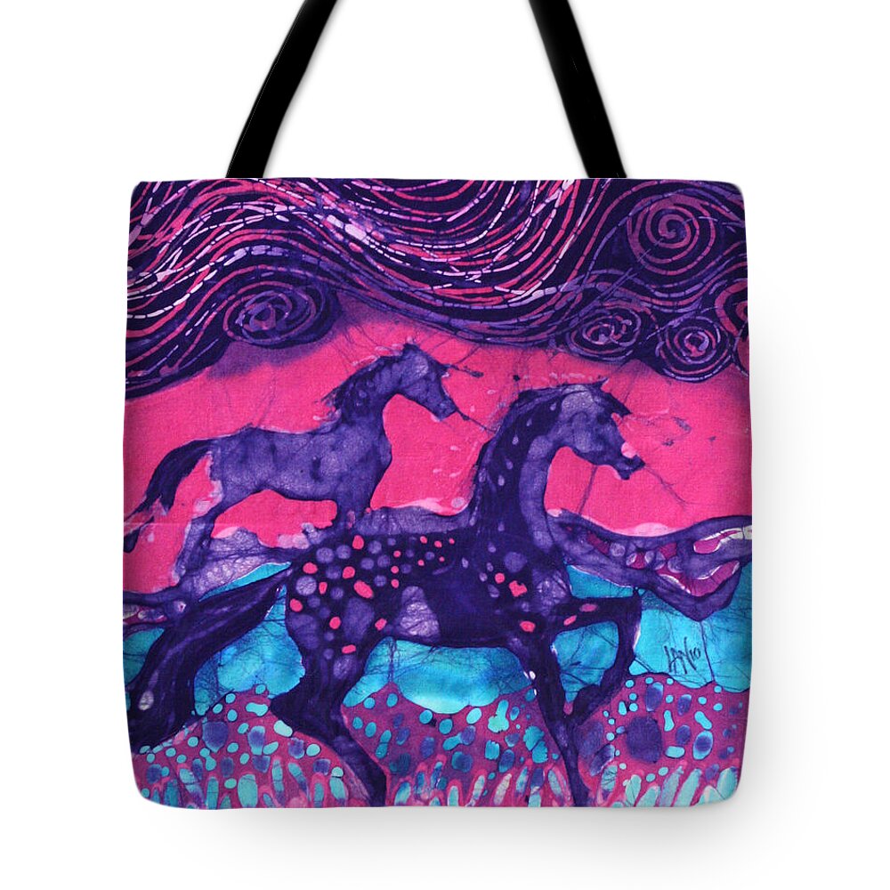 Batik Tote Bag featuring the tapestry - textile Painted Horses Below the Wind by Carol Law Conklin