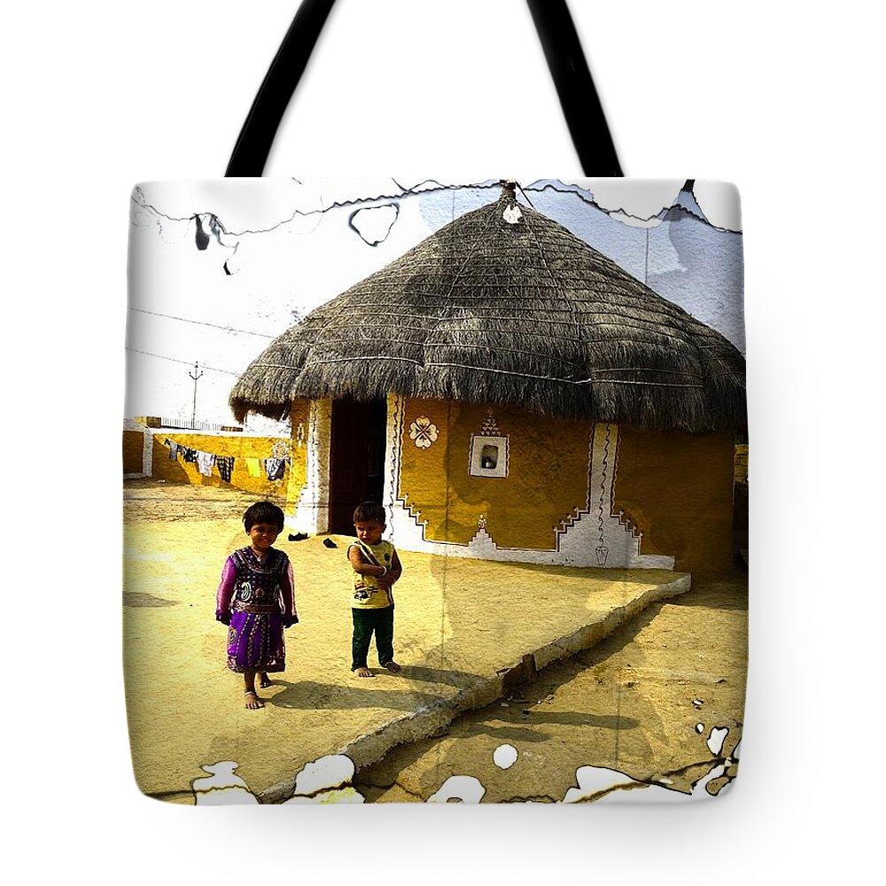 Cowdung Tote Bag featuring the photograph Painted Houses Cowdung Mud Round Huts Kids India Rajasthan 1f by Sue Jacobi