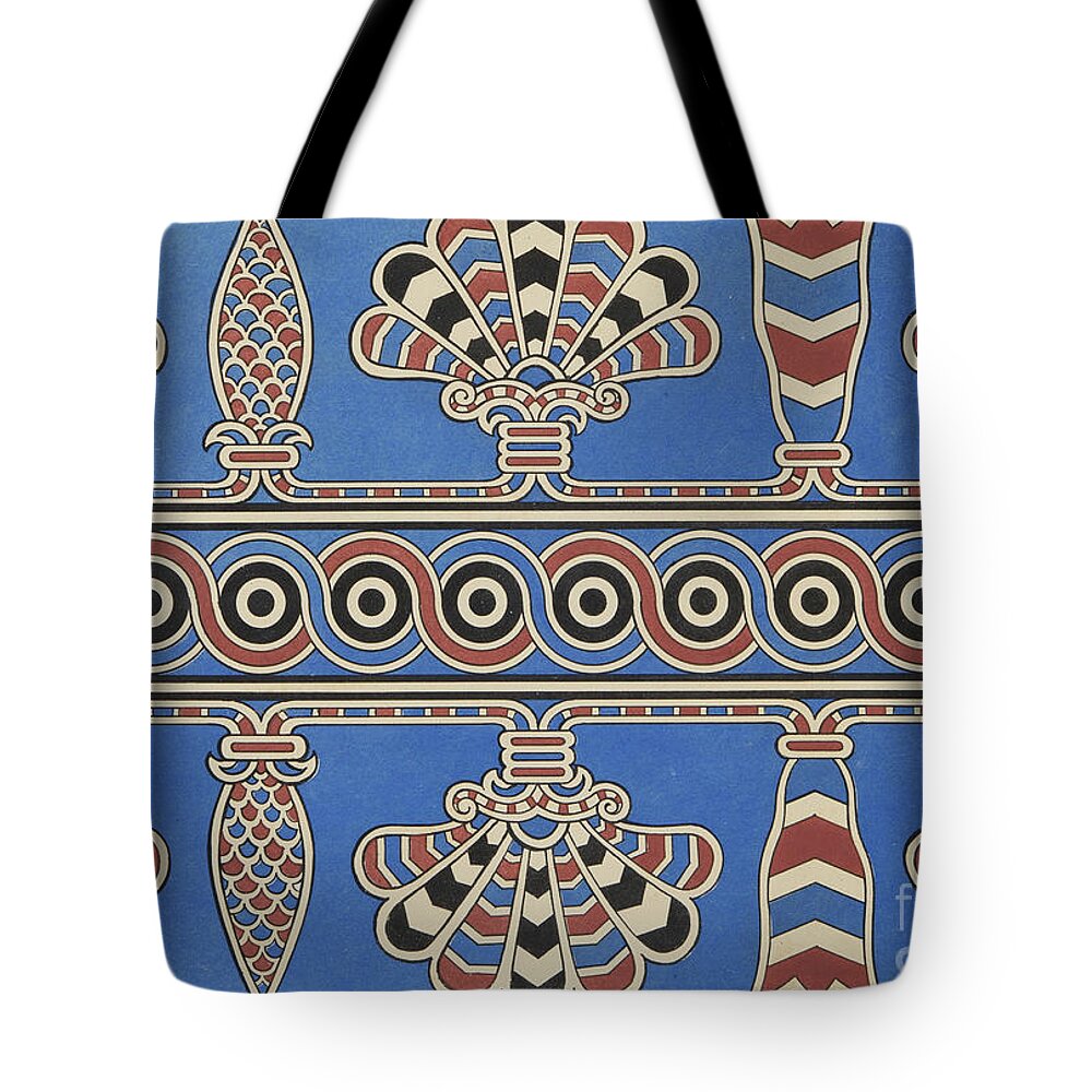 Pattern Tote Bag featuring the drawing Painted Ornaments from Nimroud, from Monuments of Nineveh by Austen Henry Layard