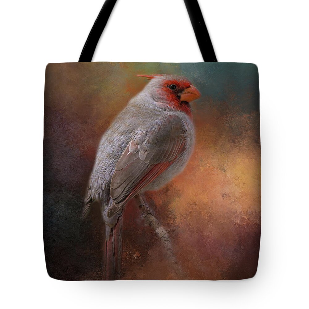 Pyrrhuloxia Tote Bag featuring the mixed media Painted Pyrrhuloxia by Teresa Wilson