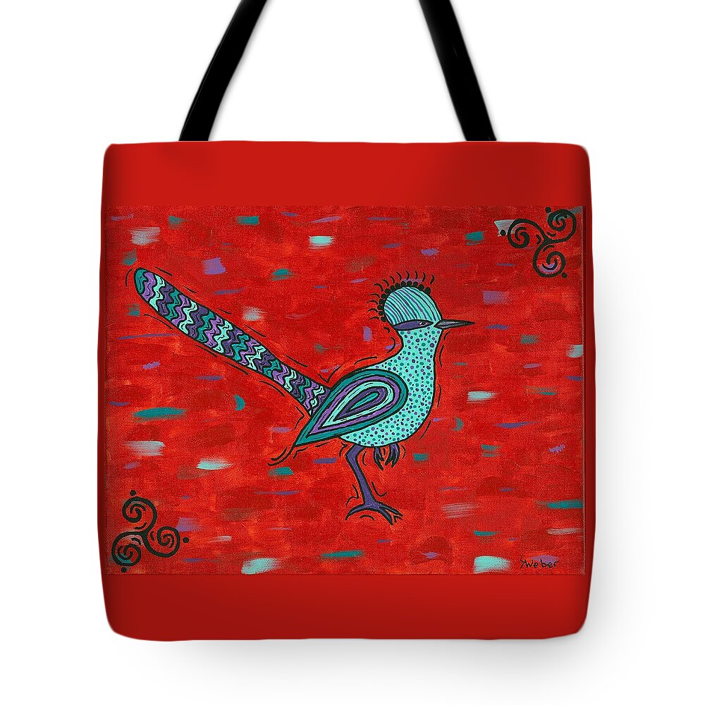 Black Tote Bag featuring the painting Paisano Petra - Roadrunner by Susie WEBER