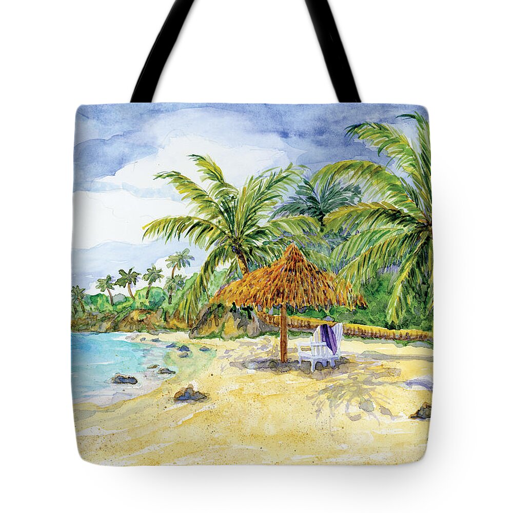 Palappa Tote Bag featuring the painting Palappa n Adirondack Chairs on a Caribbean Beach by Audrey Jeanne Roberts