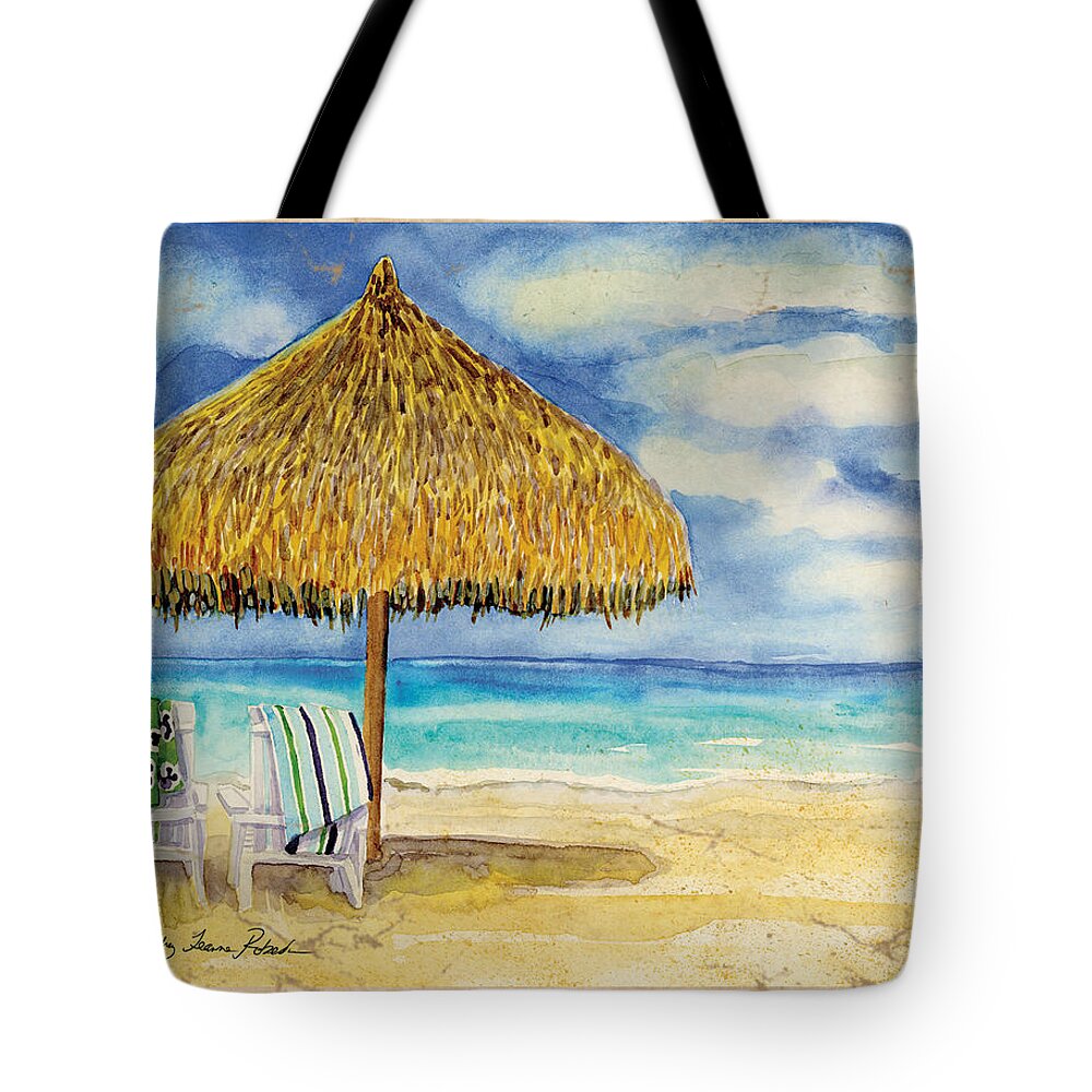 Palappa Tote Bag featuring the painting Palappa n Adirondack Chairs on the Mexican Shore by Audrey Jeanne Roberts