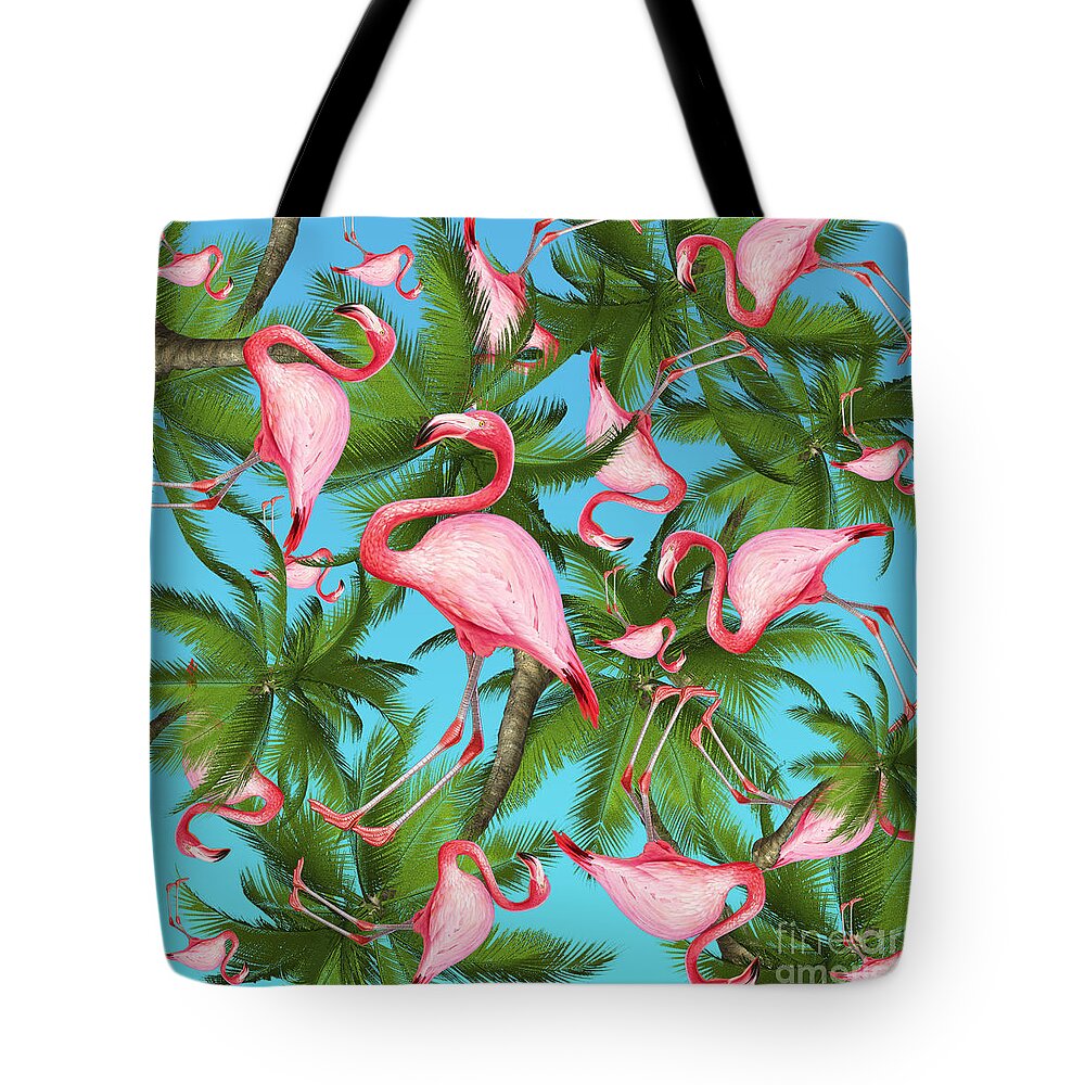 Summer Tote Bag featuring the digital art Palm tree and flamingos by Mark Ashkenazi