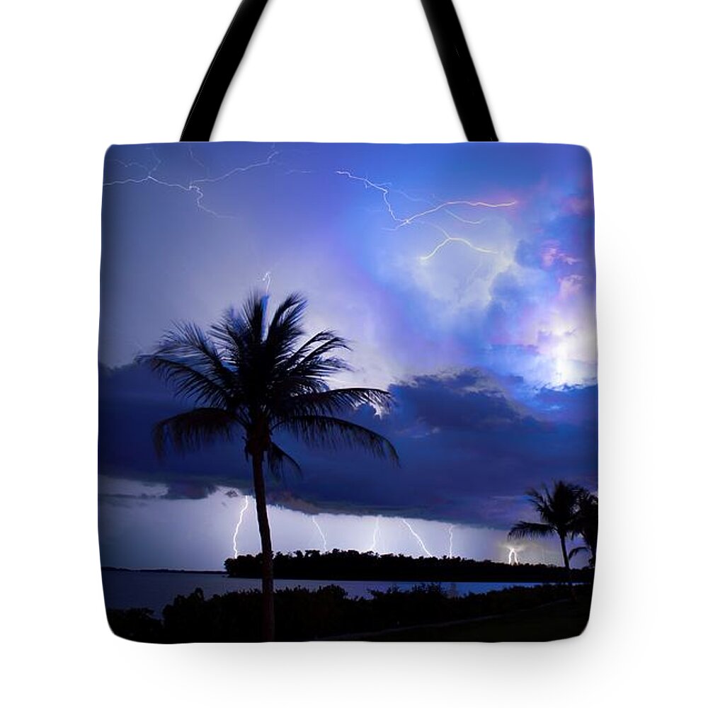 Lightning Tote Bag featuring the photograph Palm Tree Nights by Quinn Sedam