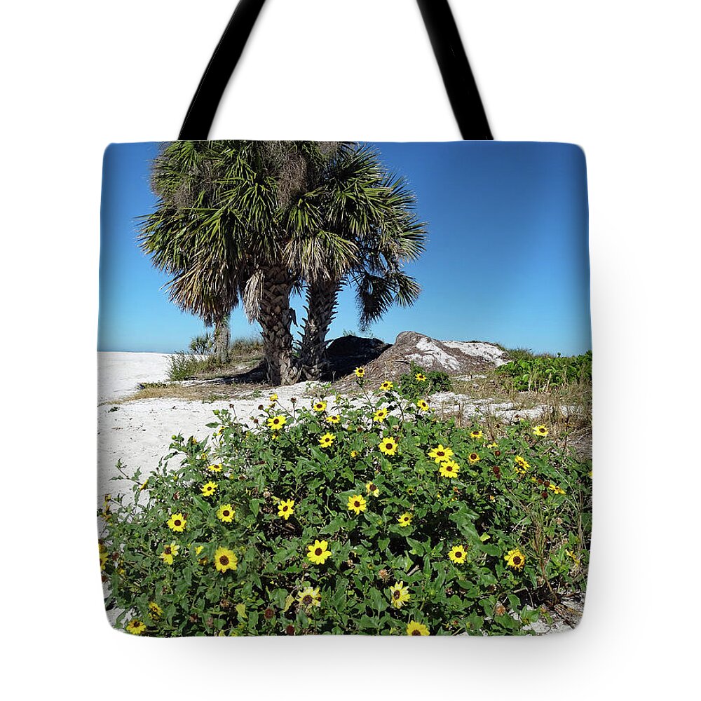 Beach Tote Bag featuring the photograph Palm Trees and Dune Sunflowers by David T Wilkinson