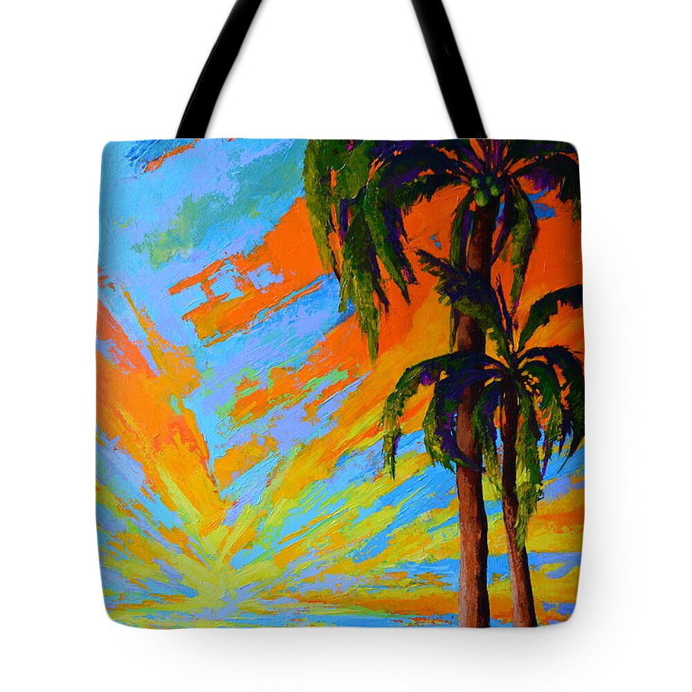 Florida Palm Trees Tote Bag featuring the painting Florida Palm Trees, Tropical Beach, Colorful Sunset Painting by Patricia Awapara