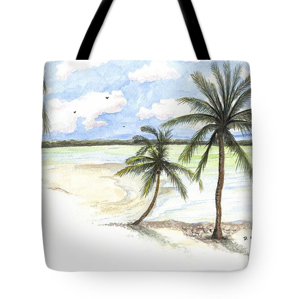 Palm Tote Bag featuring the painting Palm trees on the Beach by Darren Cannell