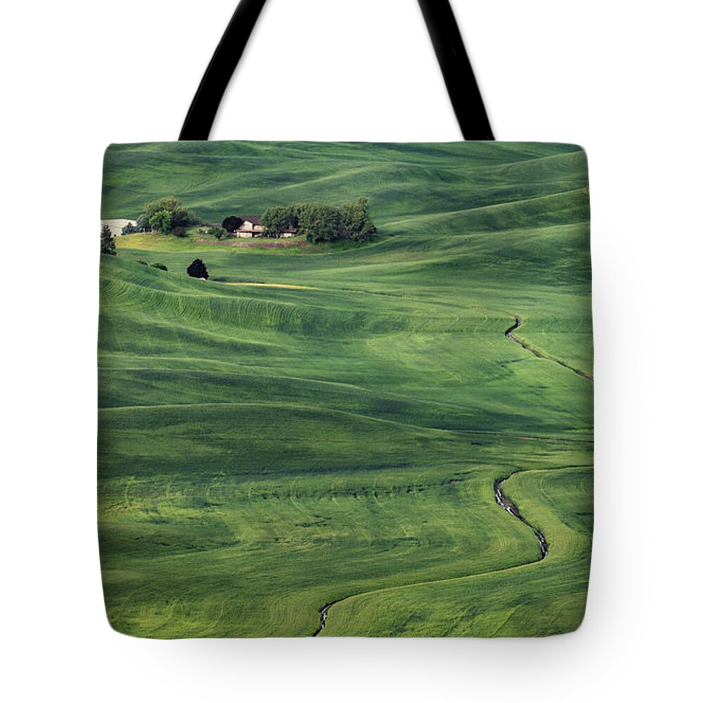 Aerial Tote Bag featuring the photograph Palouse Green Fields by Jerry Fornarotto