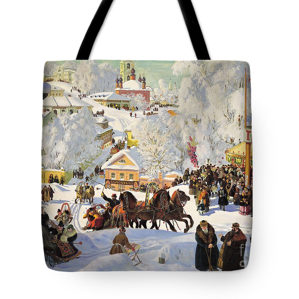 Boris Mihailovich Kustodiev Tote Bag featuring the painting Pancake Tuesday by MotionAge Designs