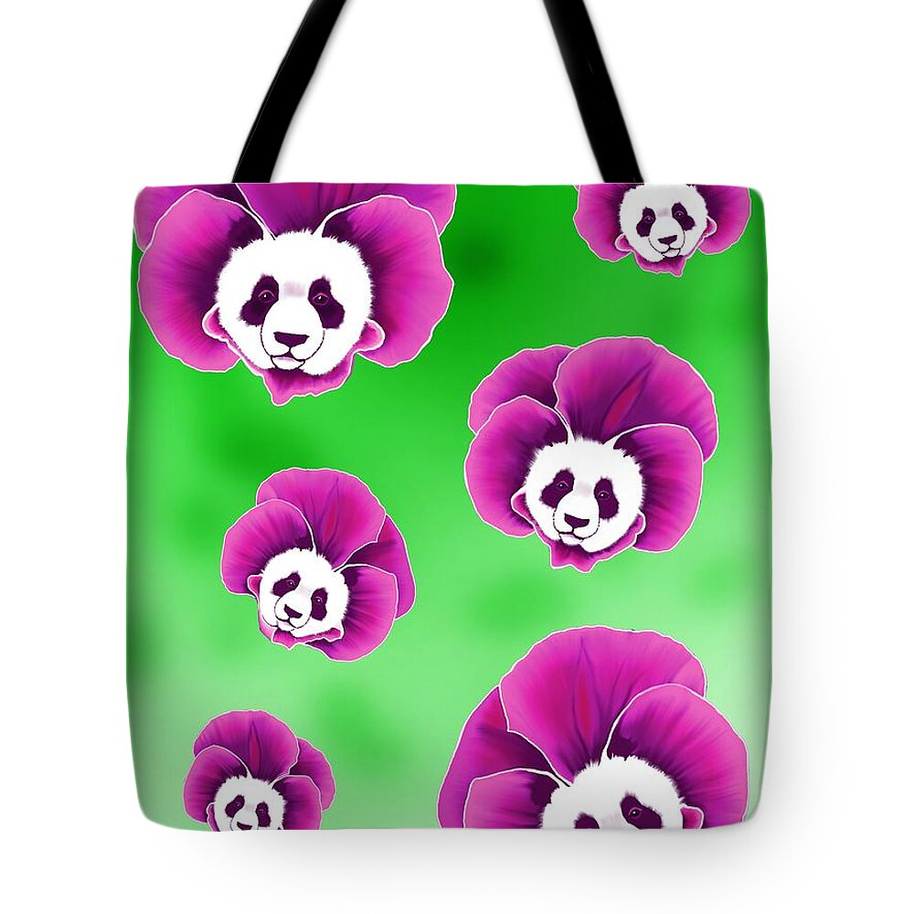 Panda Tote Bag featuring the digital art Panda Pansies by Norman Klein