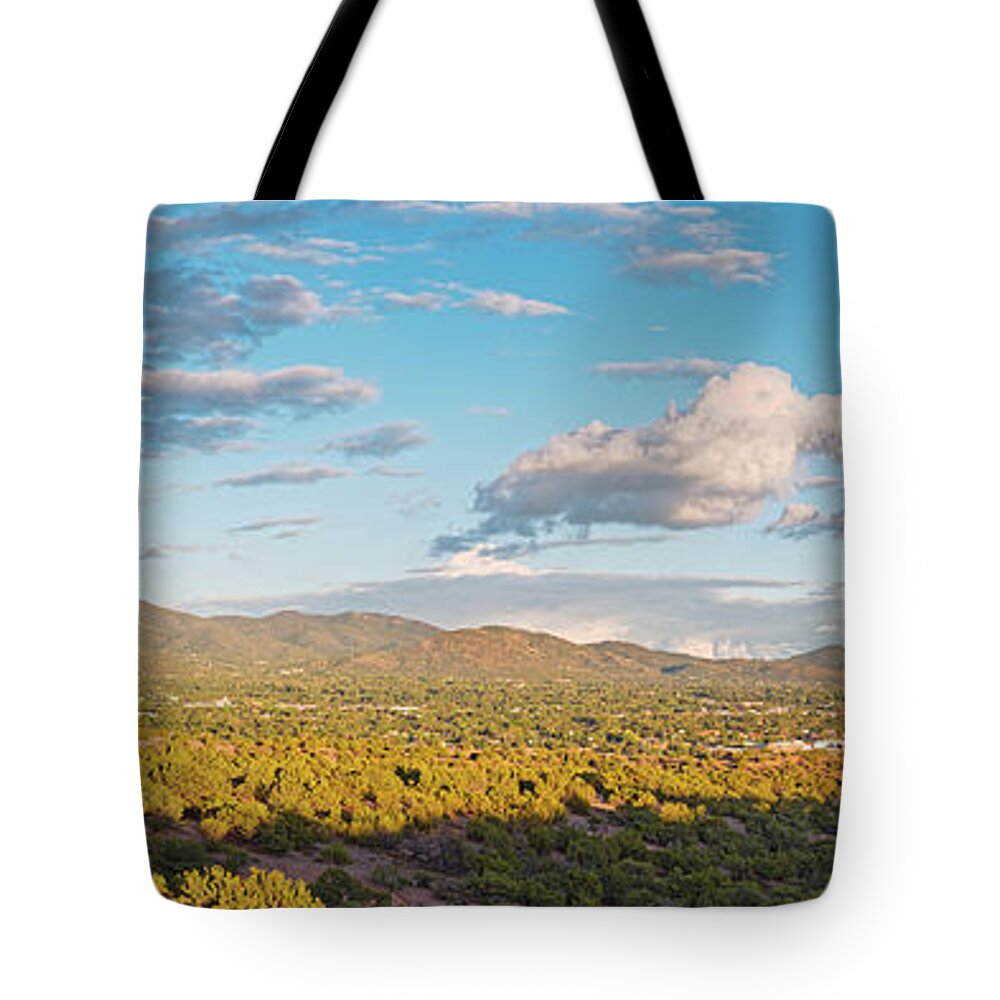 Santa Fe Tote Bag featuring the photograph Panorama of Santa Fe and Sangre de Cristo Mountains - New Mexico Land of Enchantment by Silvio Ligutti