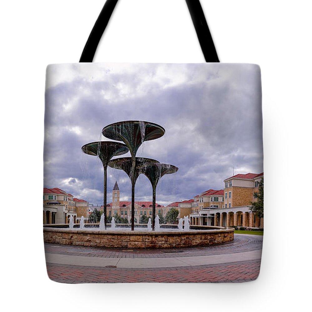 Fort Tote Bag featuring the photograph Panorama of Texas Christian University Campus Commons and Frog Fountain - Fort Worth Texas by Silvio Ligutti