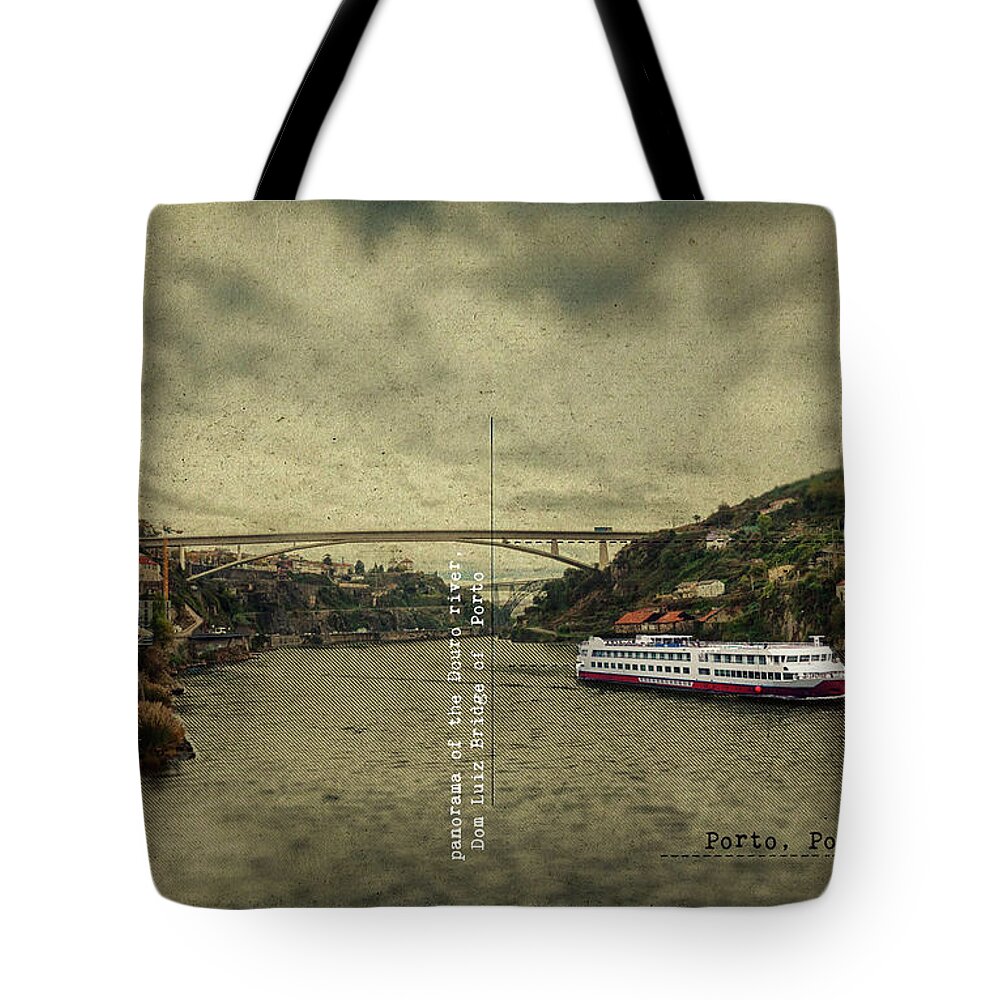 Postcard Tote Bag featuring the digital art panorama of the Douro river, Dom Luiz Bridge of Porto, Portugal by Ariadna De Raadt