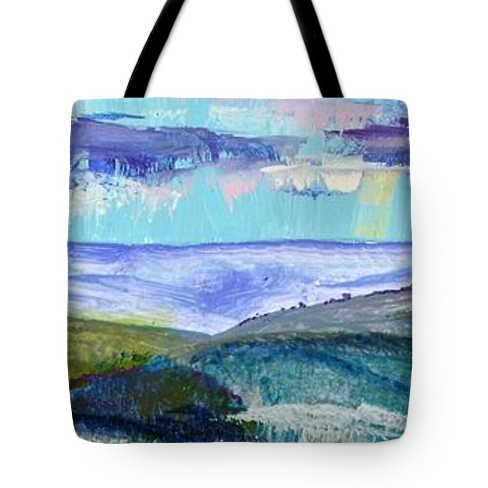 Purple Clouds Tote Bag featuring the painting Panoramic view from Exeter of Devon hills by Mike Jory