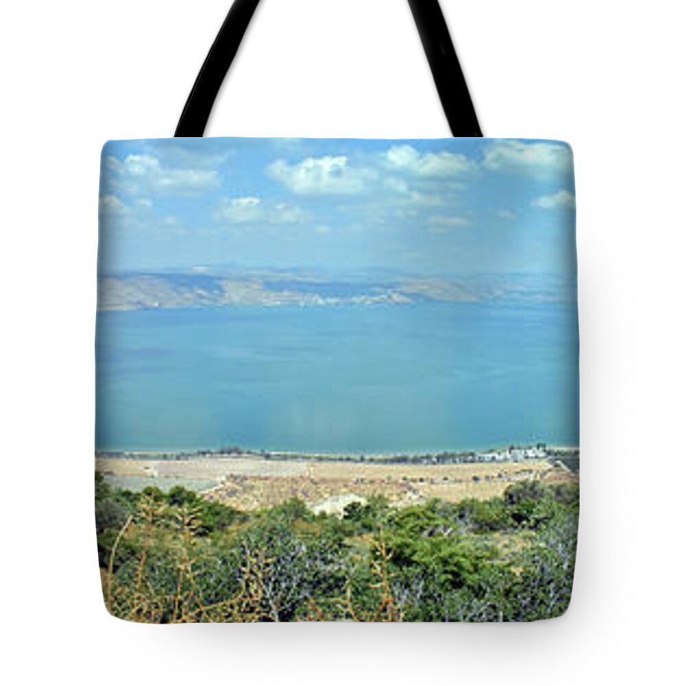 Sea Of Galilee Tote Bag featuring the photograph Panoramic View of The Sea of Galilee by Lydia Holly