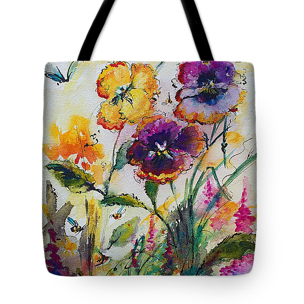 Flowers Tote Bag featuring the painting Pansies In My Garden Watercolor and Ink by Ginette Callaway