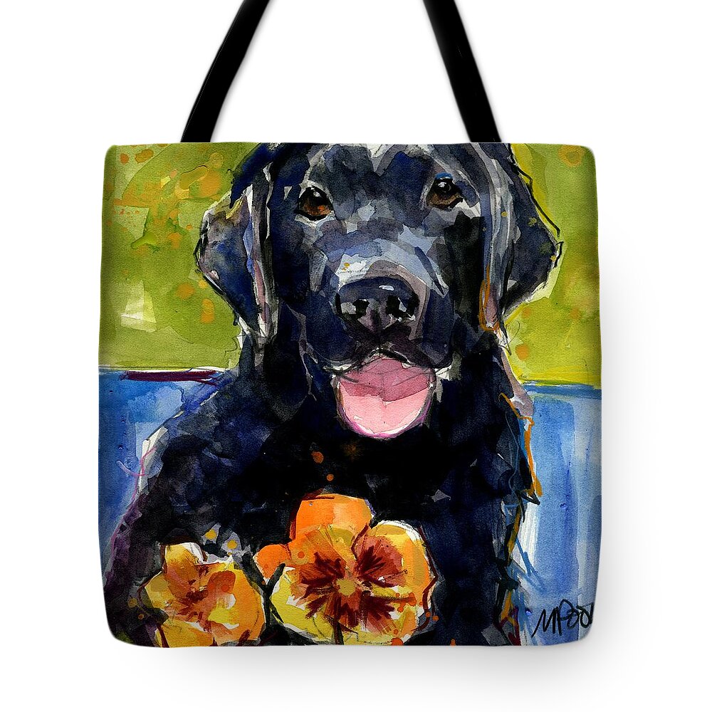 Black Lab Puppy Tote Bag featuring the painting Pansies by Molly Poole