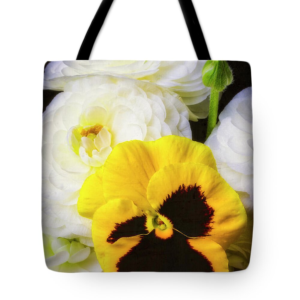 White Ranunculus Tote Bag featuring the photograph Pansy And Ranunculus by Garry Gay