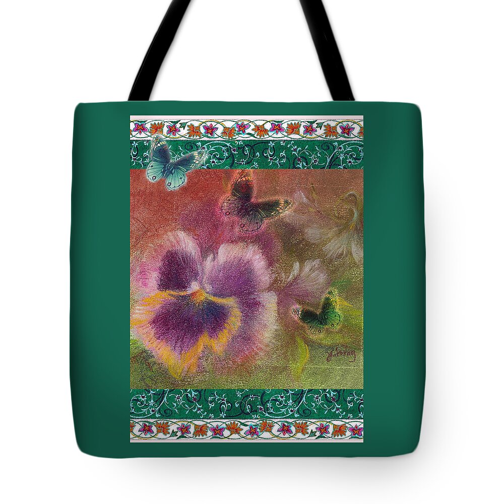Illustrated Pansy Tote Bag featuring the painting Pansy Butterfly Asianesque border by Judith Cheng