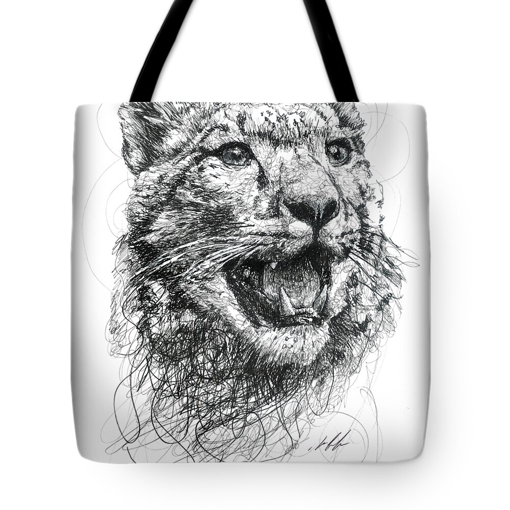Lion Tote Bag featuring the drawing Leopard by Michael Volpicelli