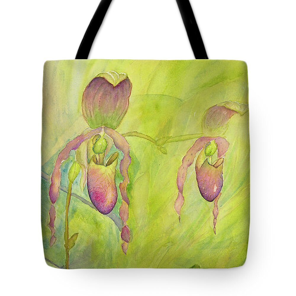 Tropical Tote Bag featuring the painting Paphiopedilum Pollination-Where is the fly? by Lisa Debaets