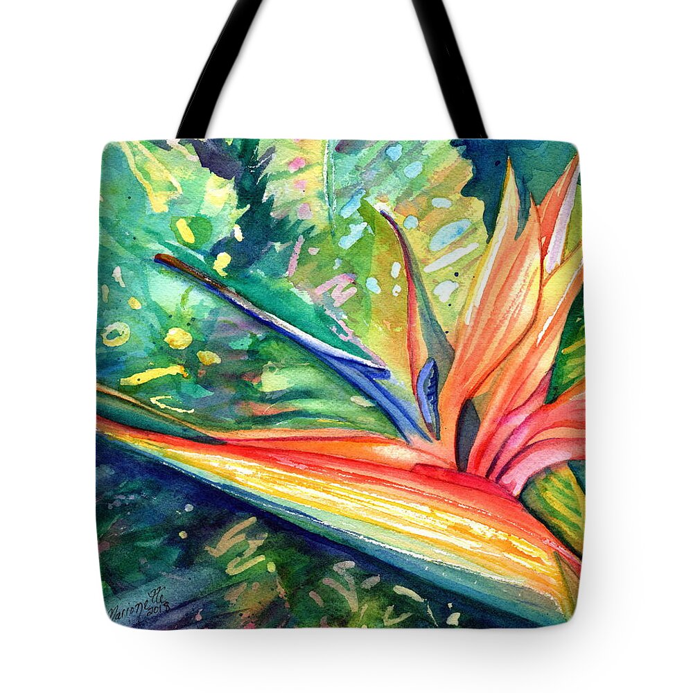 Bird Of Paradise Tote Bag featuring the painting Paradise in Bloom by Marionette Taboniar