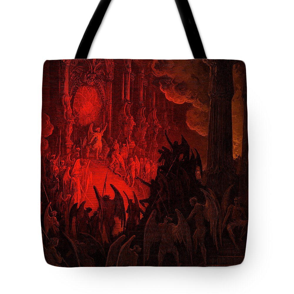 Paradise Lost Tote Bag featuring the drawing Paradise Lost Satan in Council by Gustave Dore