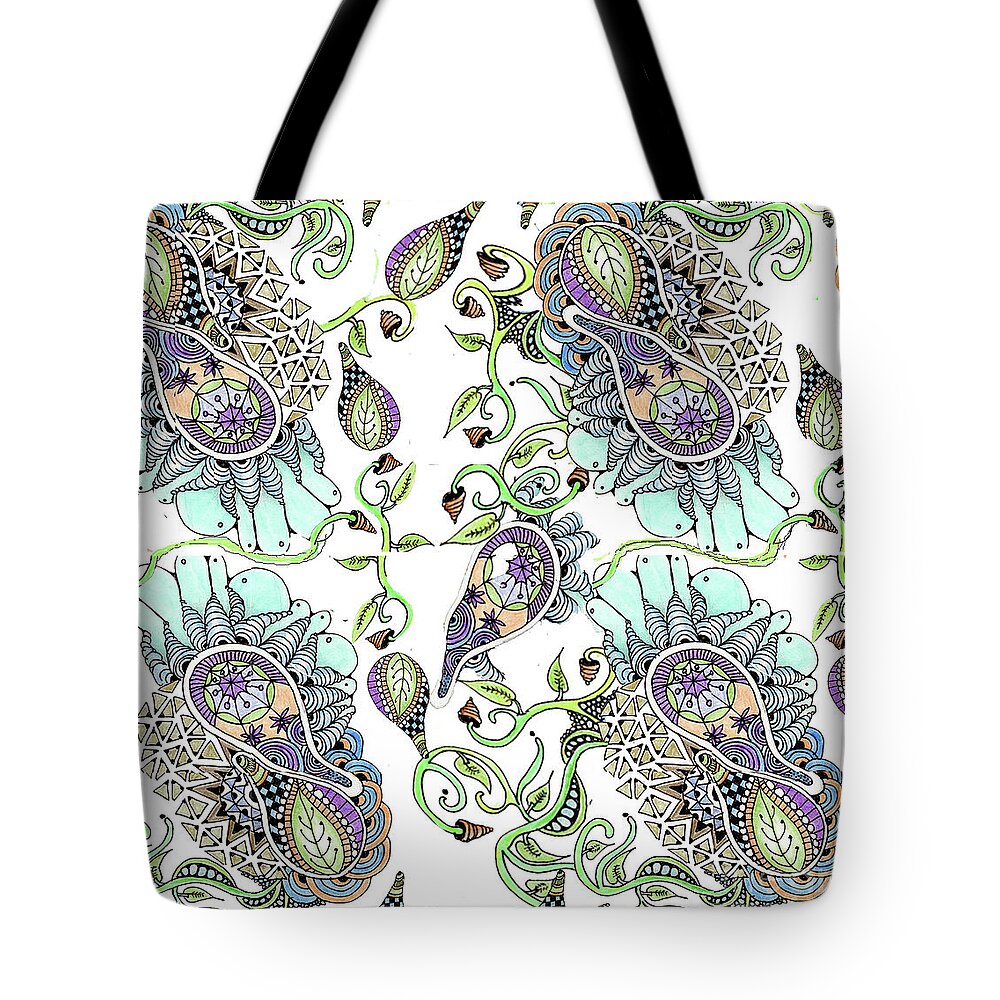 Fabric Patterns Pen And Ink Leaves Zentangles Doodles Purple And Blue Tote Bag featuring the tapestry - textile Parameecee by Ruth Dailey