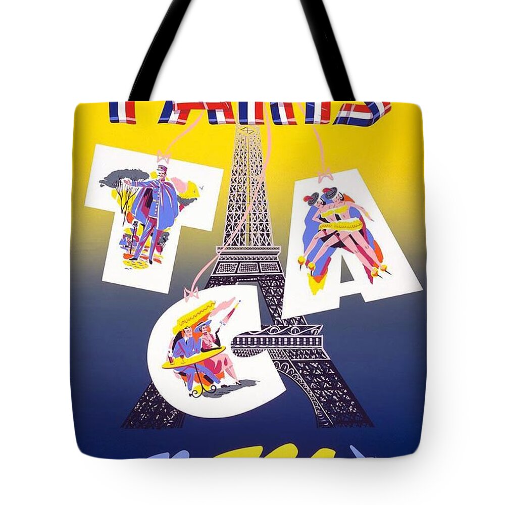 Paris Tote Bag featuring the mixed media Paris - Fly TCA, Trans Canada Air Lines - Eiffel Tower - Retro travel Poster - Vintage Poster by Studio Grafiikka