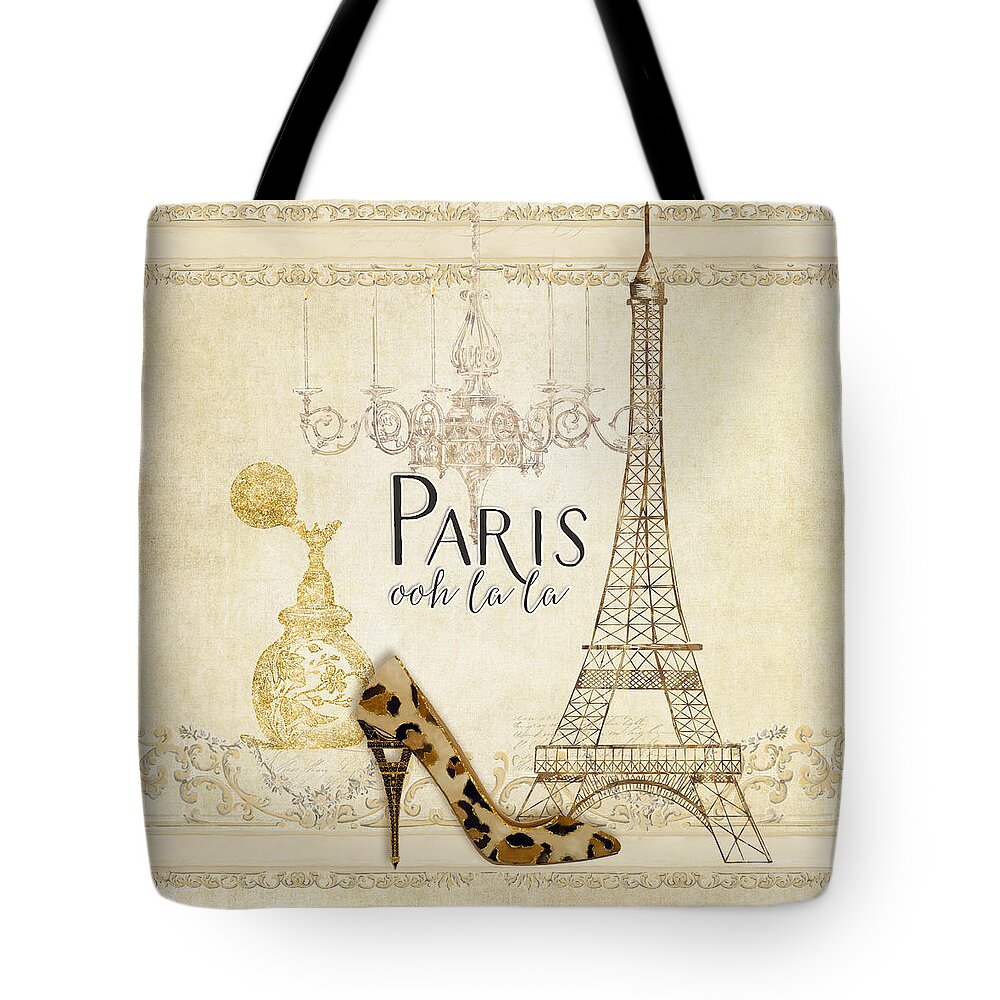 Fashion Tote Bag featuring the painting Paris - Ooh la la Fashion Eiffel Tower Chandelier Perfume Bottle by Audrey Jeanne Roberts