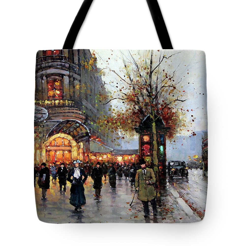 Edouard Cortes Tote Bag featuring the painting Paris street scene by Celestial Images