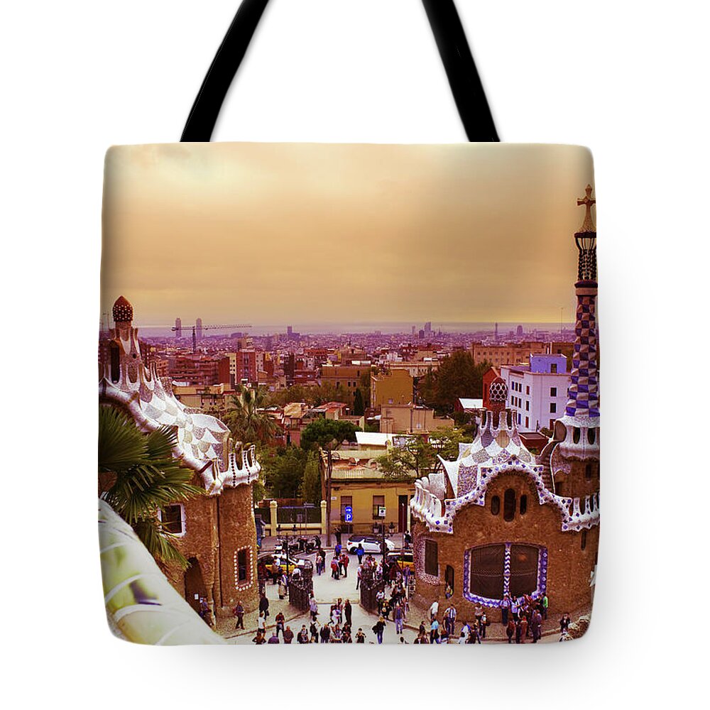 Antonio Gaudi Tote Bag featuring the photograph Park Guell at Sunset in Barcelona by Anastasy Yarmolovich