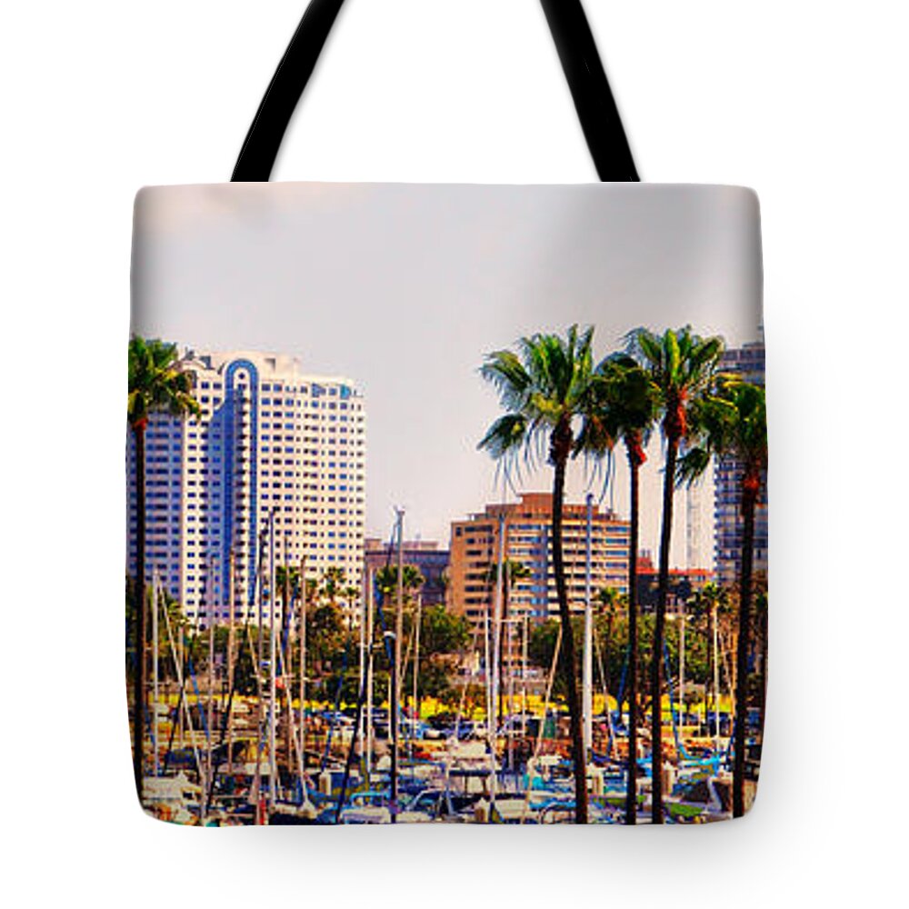 Long Beach Tote Bag featuring the digital art Parking and Palms in Long Beach by Bob Winberry