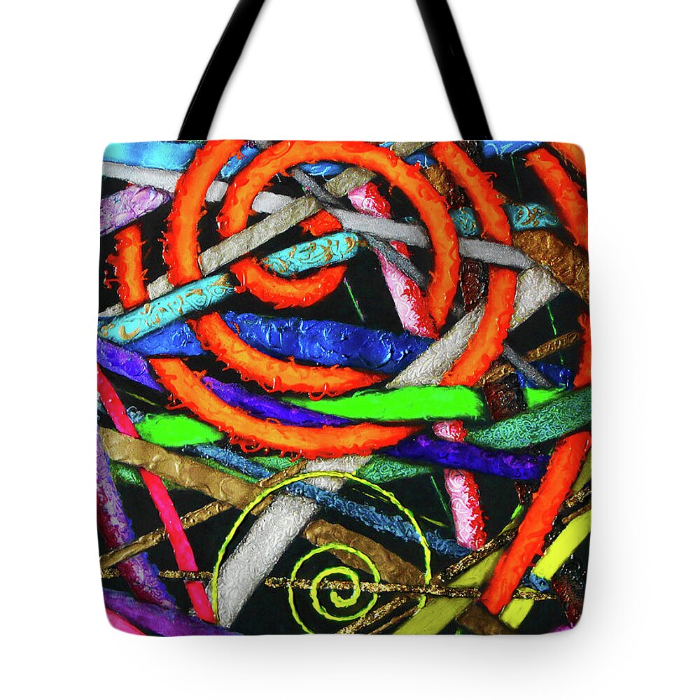 Abstract Tote Bag featuring the painting Particle Track Forty-seven Triptych Center Panel by Scott Wallin