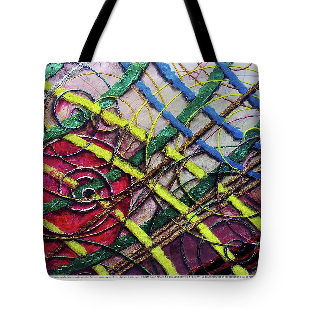 The Particle Track Series Is A Bright Tote Bag featuring the painting Particle Track Sixty-Two by Scott Wallin