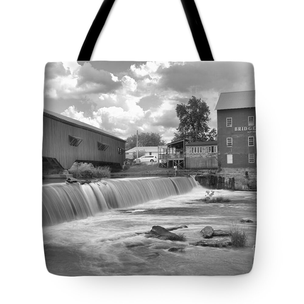 Bridgeton Indiana Tote Bag featuring the photograph Partly Cloudy Over The Bridgeton Spillway Black And White by Adam Jewell
