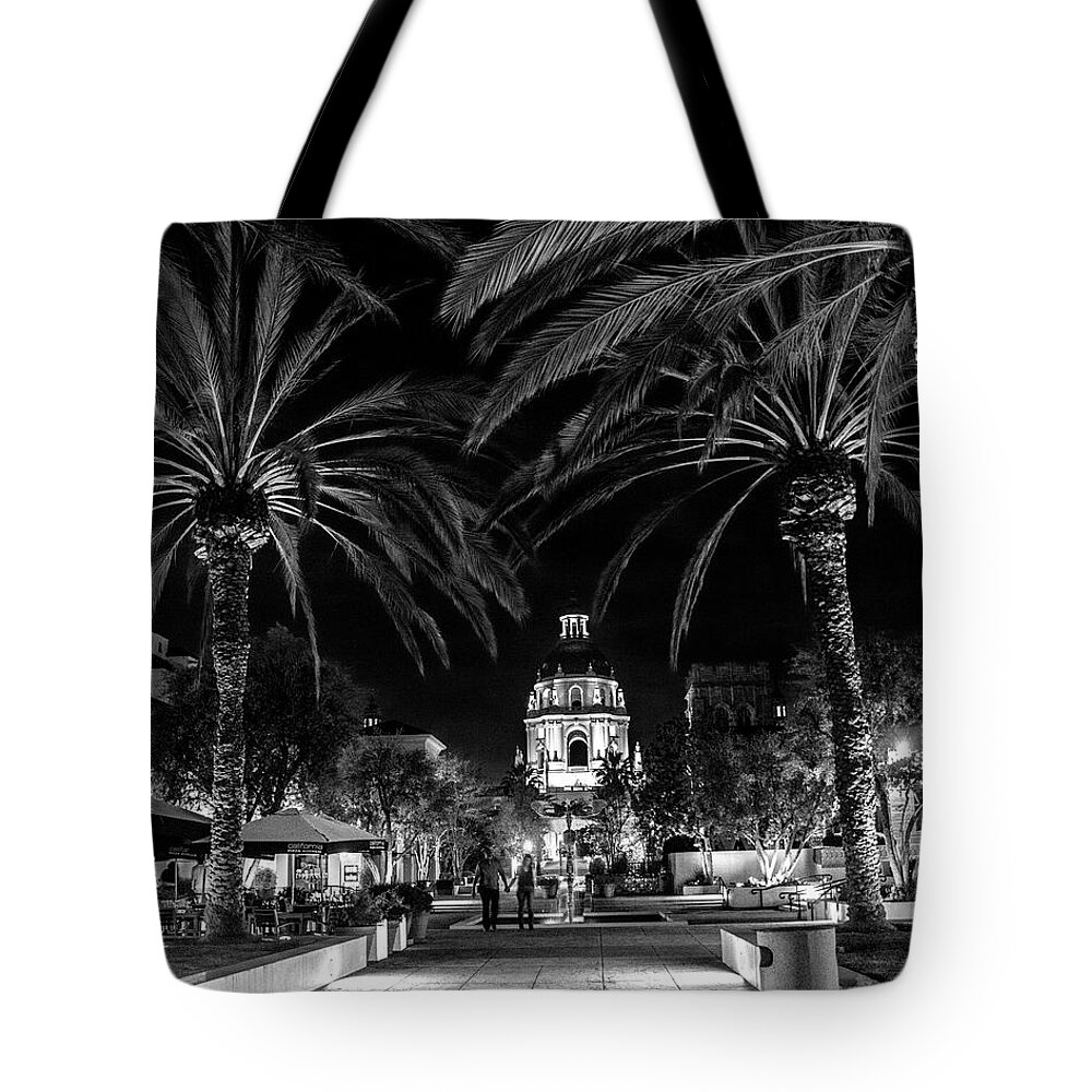Pasadena Tote Bag featuring the photograph Pasadena City Hall after Dark in Black and White by Randall Nyhof