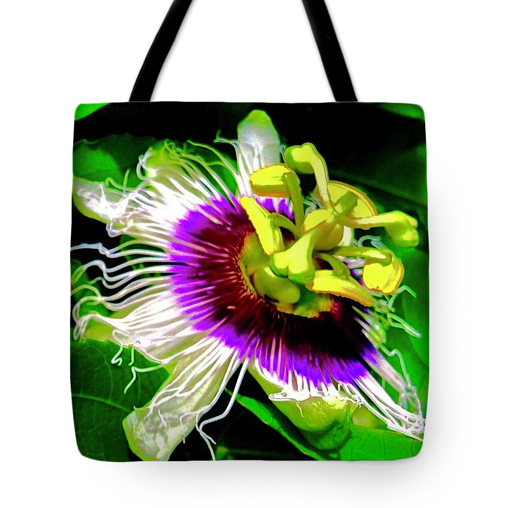 Passion Flower 3 Uplift Purple Radiating Tote Bag featuring the photograph Passion Flower 3 Uplift by Joalene Young