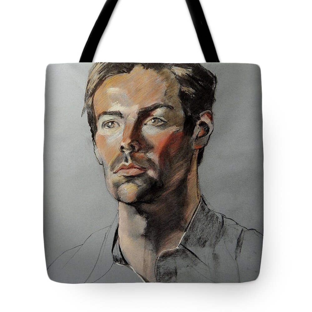 Greta Corens Portraits Tote Bag featuring the painting Pastel Portrait of Handsome Guy by Greta Corens