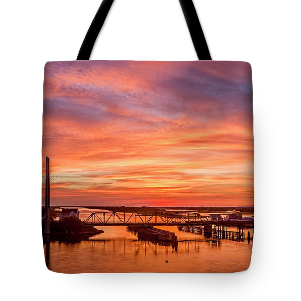 Sunrise Tote Bag featuring the photograph Pastel Swing Bridge by DJA Images